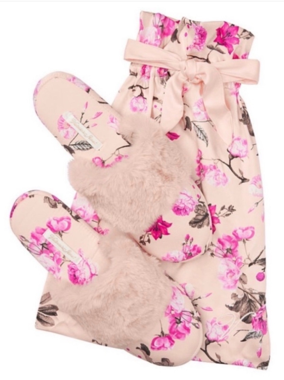Victoriaโs Secret Floral Pink Fuzzy Slide Slippers with Matching Drawstring Bagโ